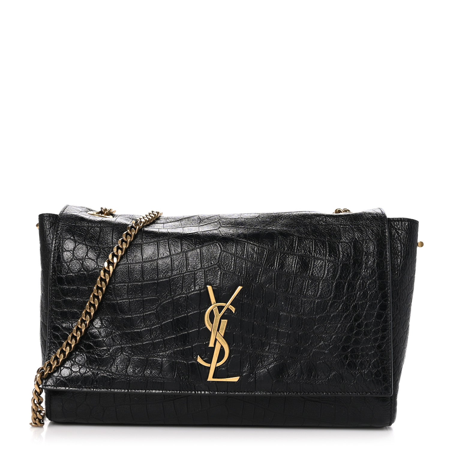 Saint Laurent Calfskin Crocodile Embossed Suede Medium Reversible Monogram Kate Satchel Military Taupe 1 of 10