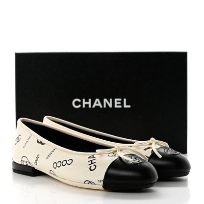 Chanel Printed Lambskin Cap Toe CC Ballet Flats 37 White Black 10 of 10