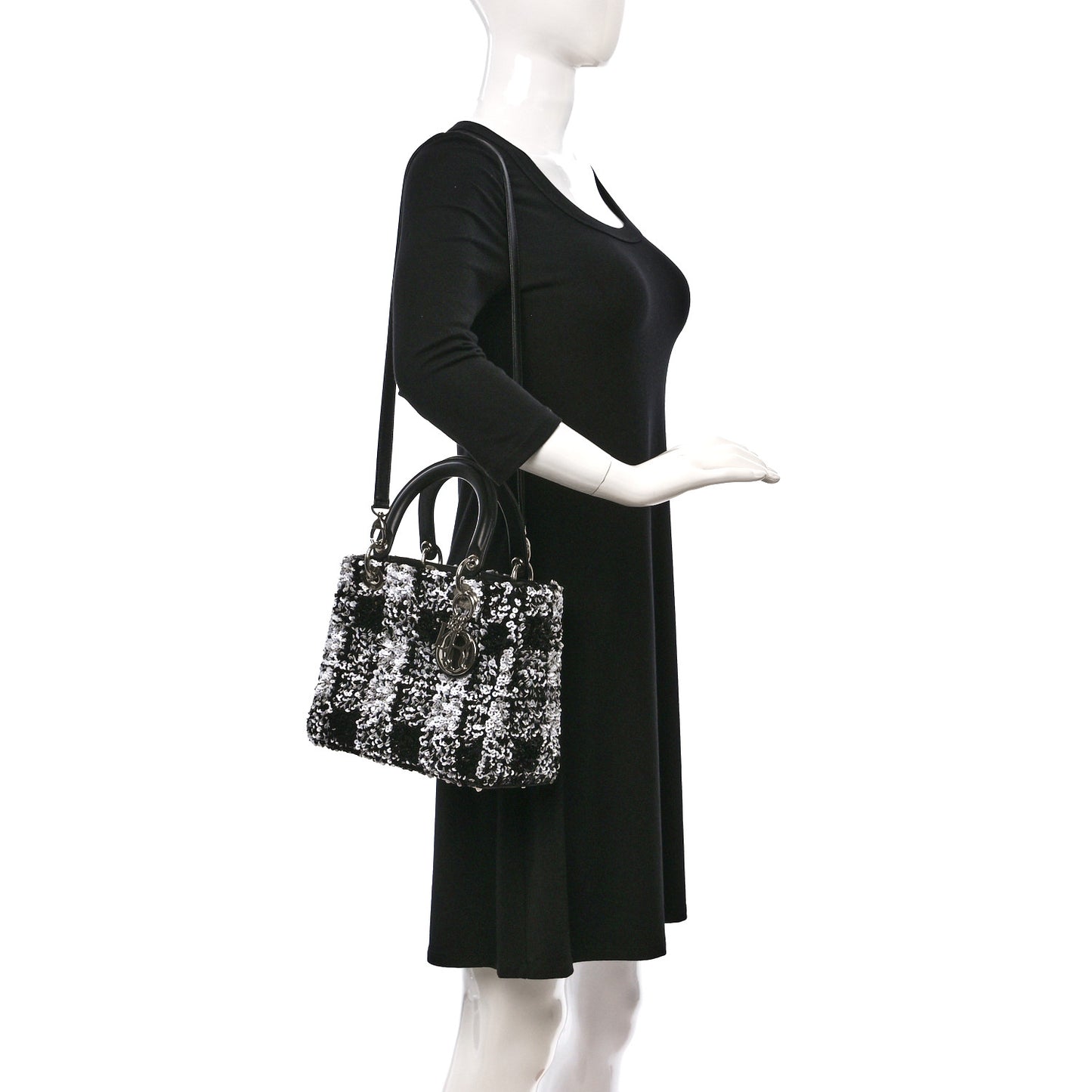 Lambskin Sequin Embellished Medium Lady Dior Black White