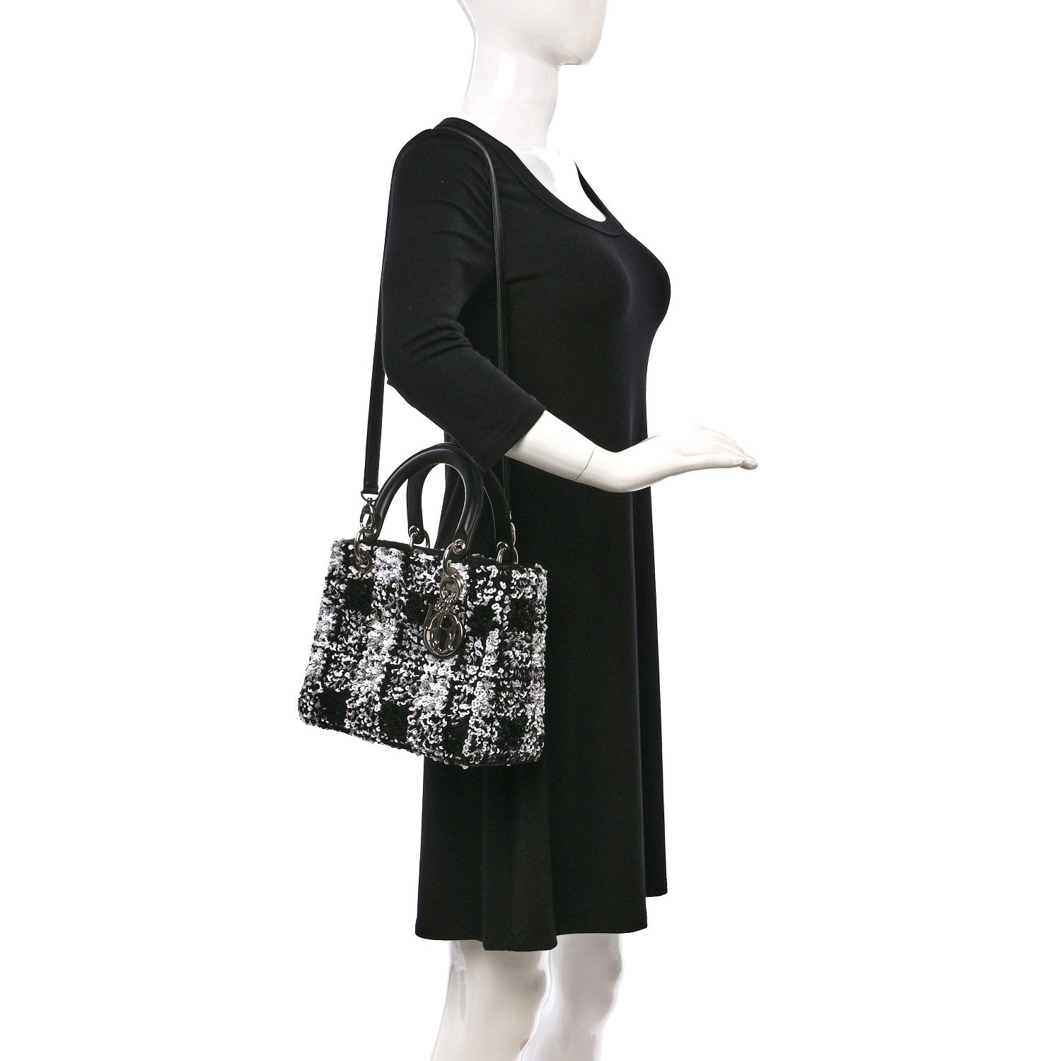 Christian Dior Lambskin Sequin Embellished Medium Lady Dior Black White 2 of 15