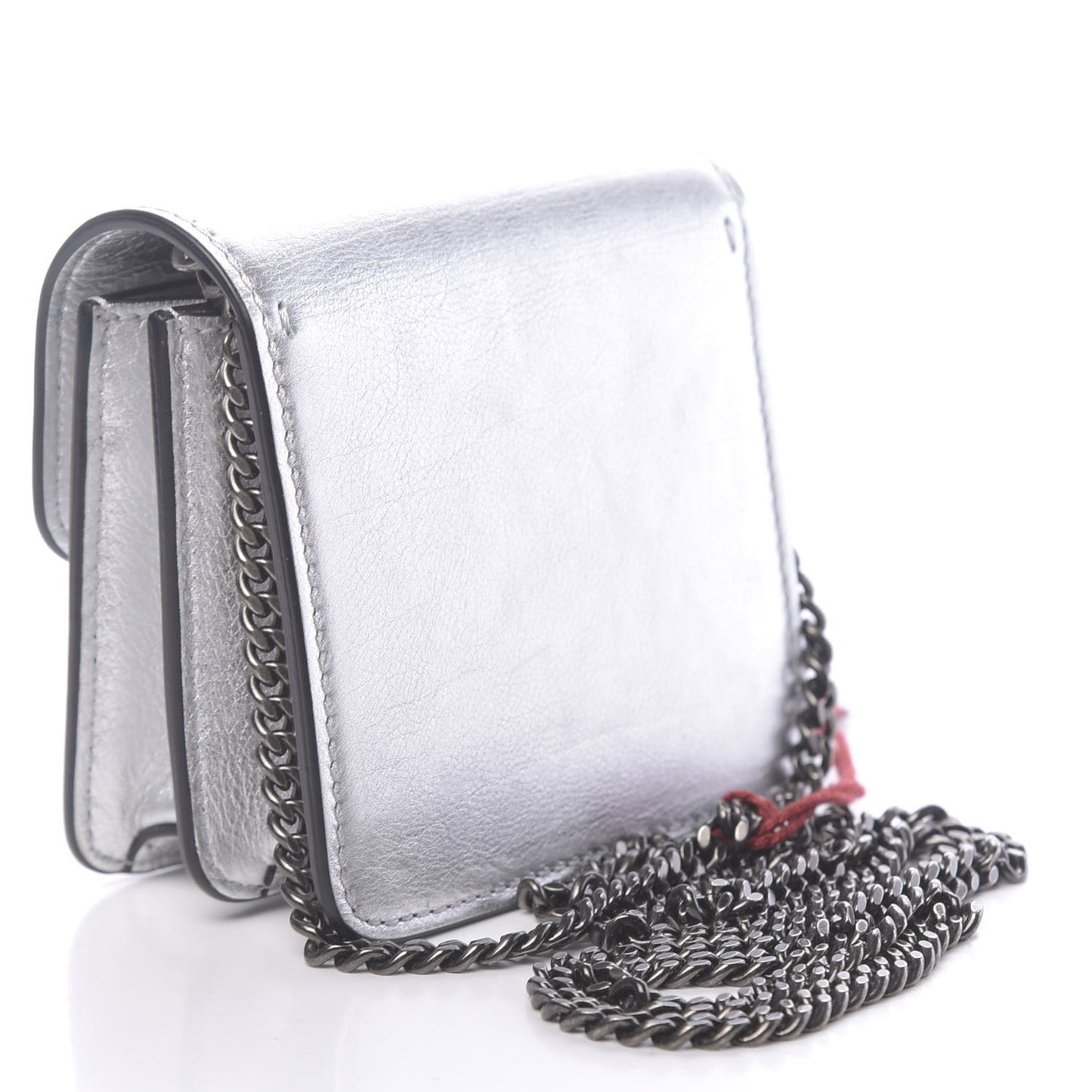 Metallic Calfskin Vlogo Compact Wallet with Chain Silver