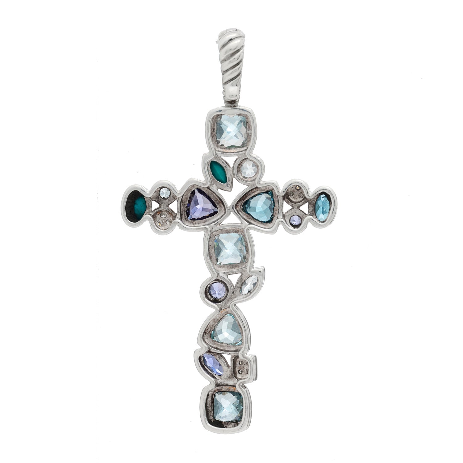 David Yurman Sterling Silver Diamond Blue Topaz Turquoise Iolite Mosaic Cross Pendant 3 of 5