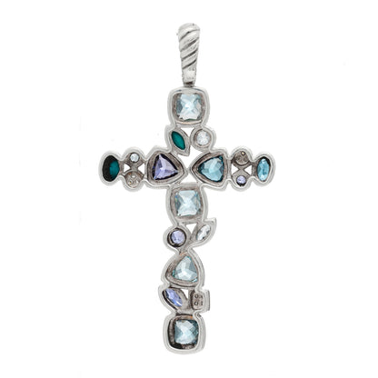 David Yurman Sterling Silver Diamond Blue Topaz Turquoise Iolite Mosaic Cross Pendant 3 of 5