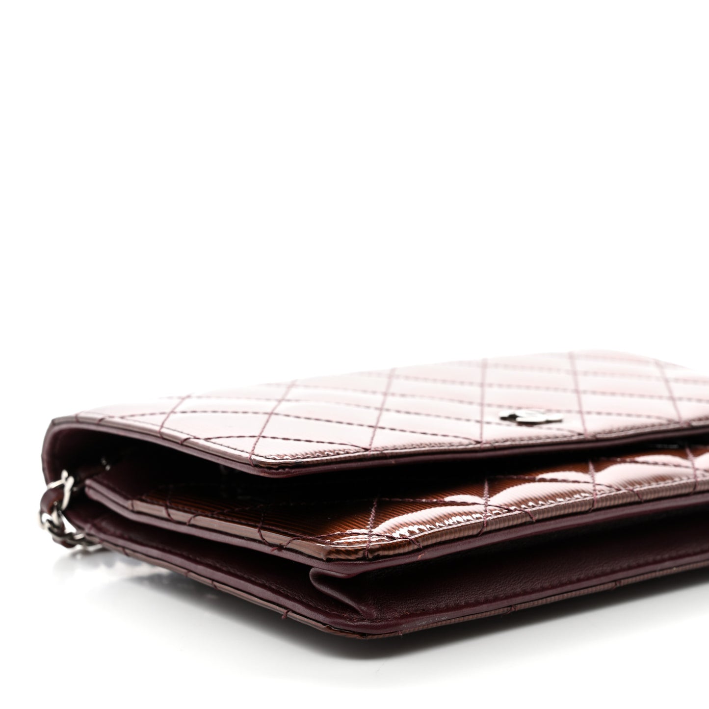 Metallic Striated Patent Quilted Wallet on Chain WOC Bronze