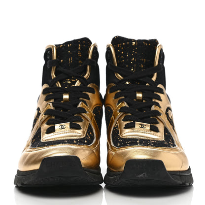 Chanel Satin Lambskin Fabric Tweed CC High Top Sneakers 39.5 Black Gold 2 of 9