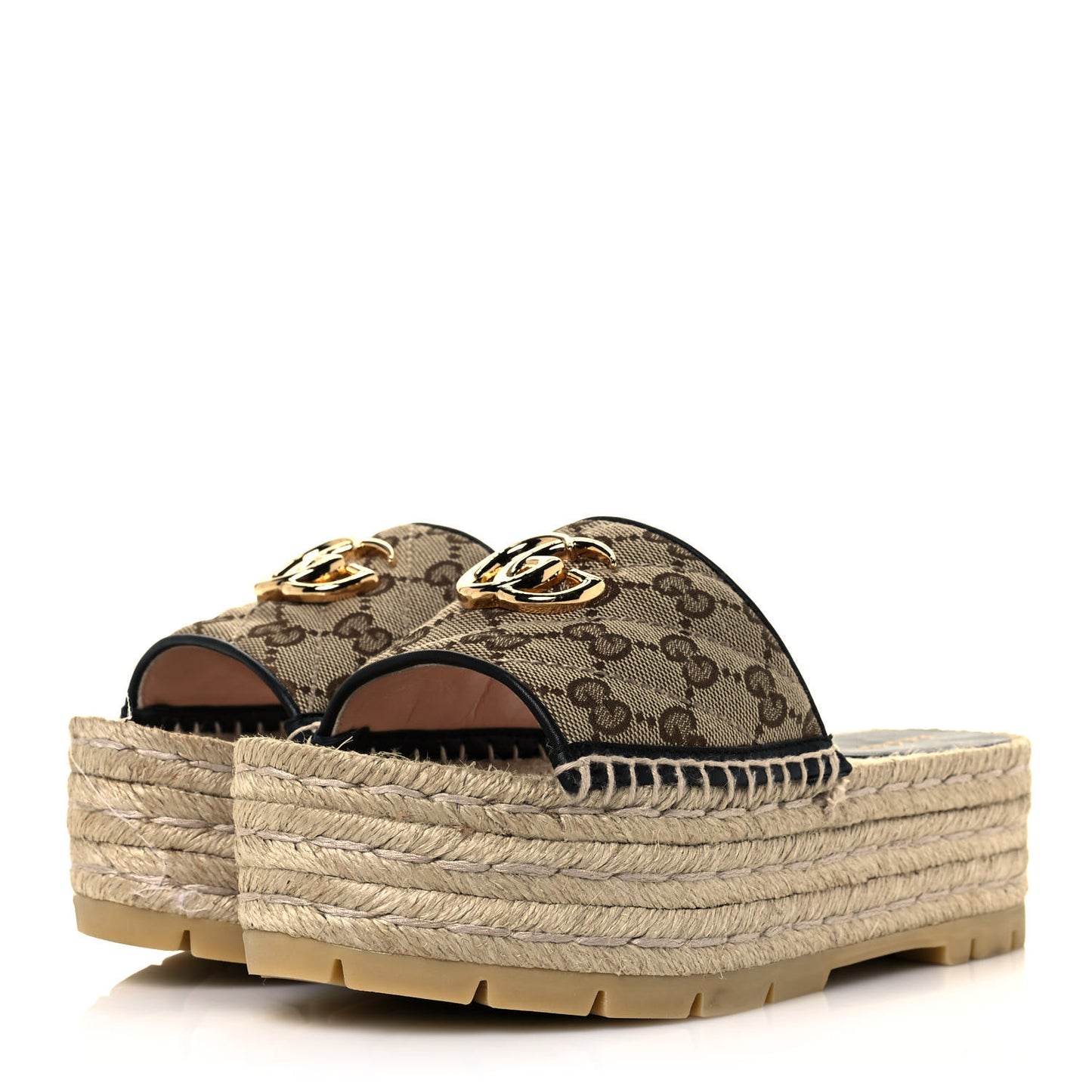 Monogram Matelasse Diagonal GG Marmont Platform Espadrille Slide Sandals 36 Beige Ebony Black