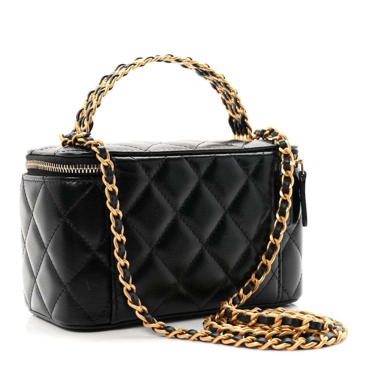 Shiny Calfskin Quilted Small Top Handle Vanity Case With Chain Black