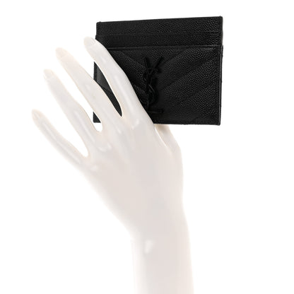 Saint Laurent Grain De Poudre Matelasse Chevron Monochrome Monogram Credit Card Case Black 2 of 8