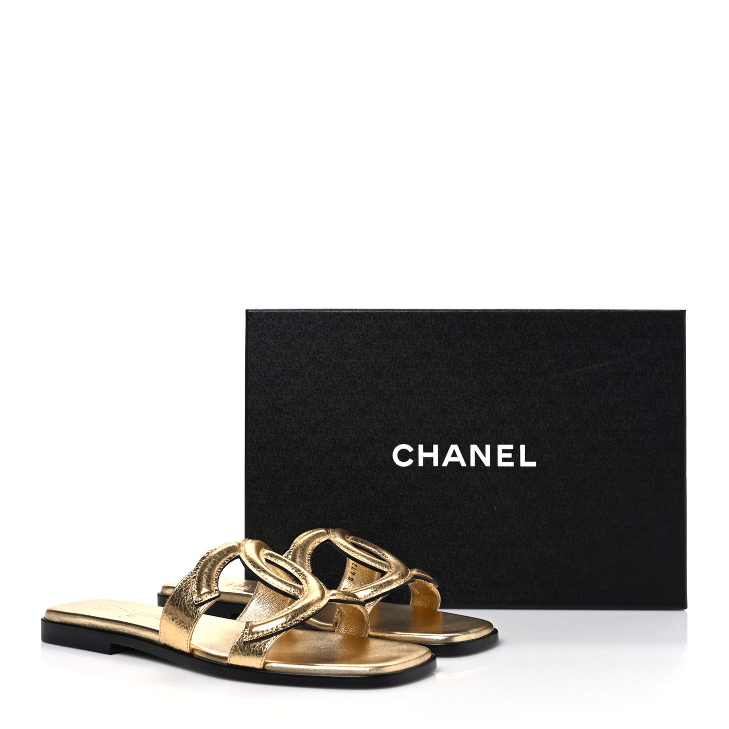 Crackled Laminated Calfskin CC Cut Out Mules Sandals 37.5 Gold