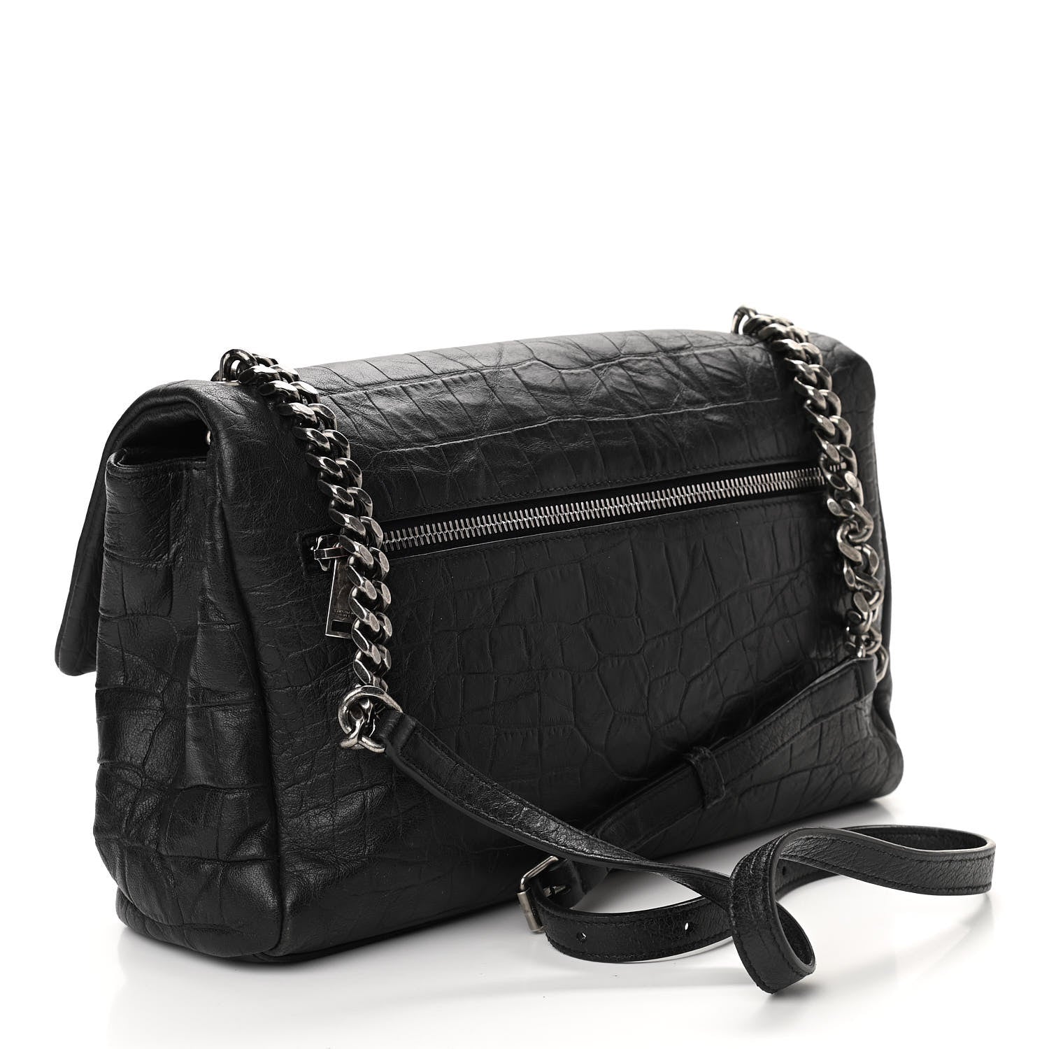 Saint Laurent Calfskin Crocodile Embossed Medium West Hollywood Monogram Fold-Over Black 3 of 9