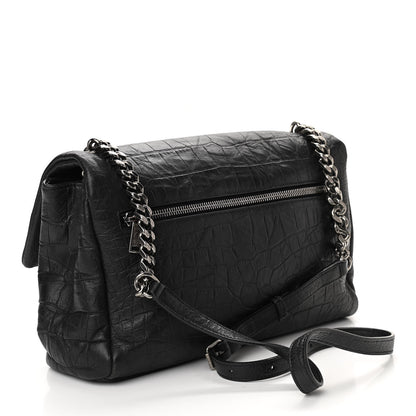 Saint Laurent Calfskin Crocodile Embossed Medium West Hollywood Monogram Fold-Over Black 3 of 9
