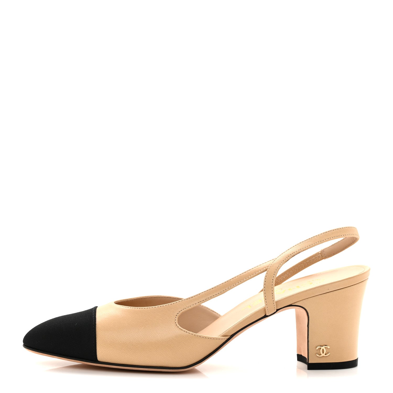 Chanel Goatskin Grosgrain Cap Toe CC Slingback Pumps 39.5 Beige Black 1 of 11