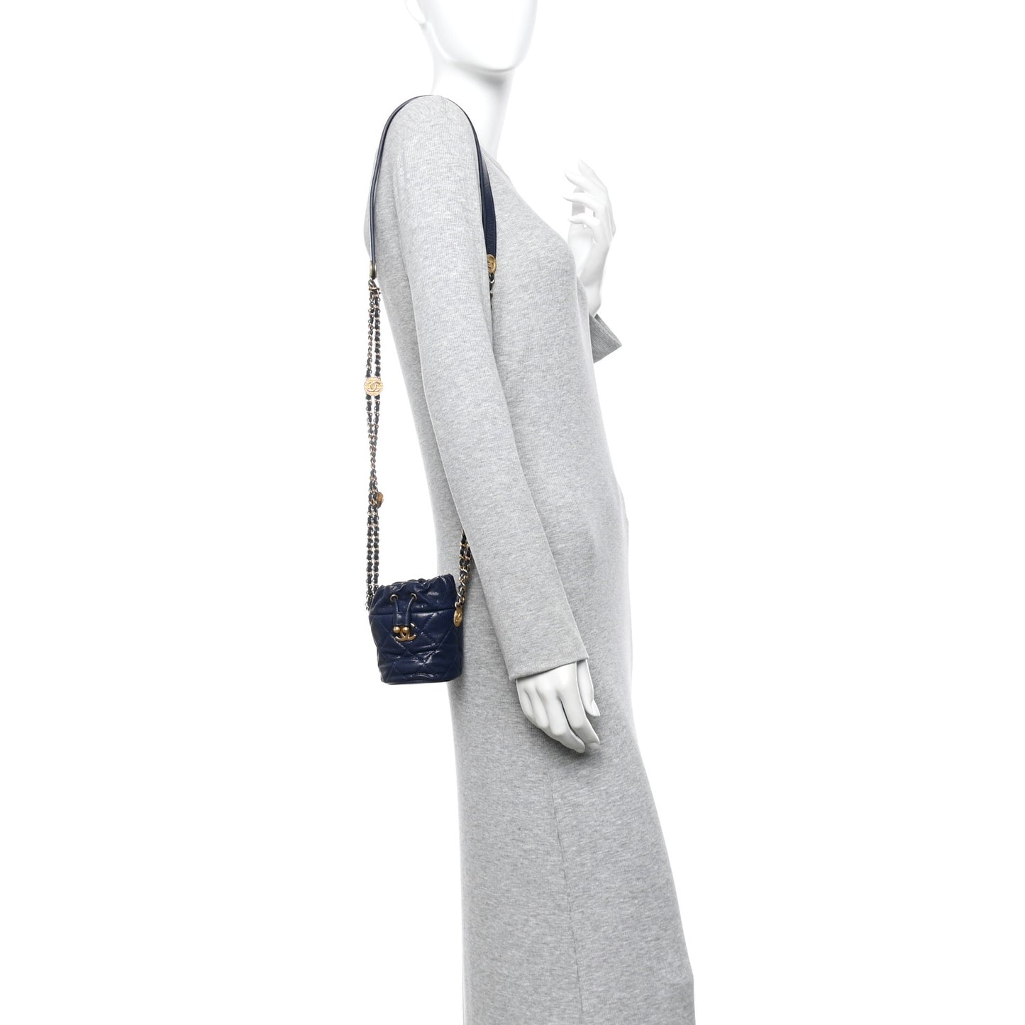 Caviar Quilted Twist Your Buttons Mini Bucket Bag Navy