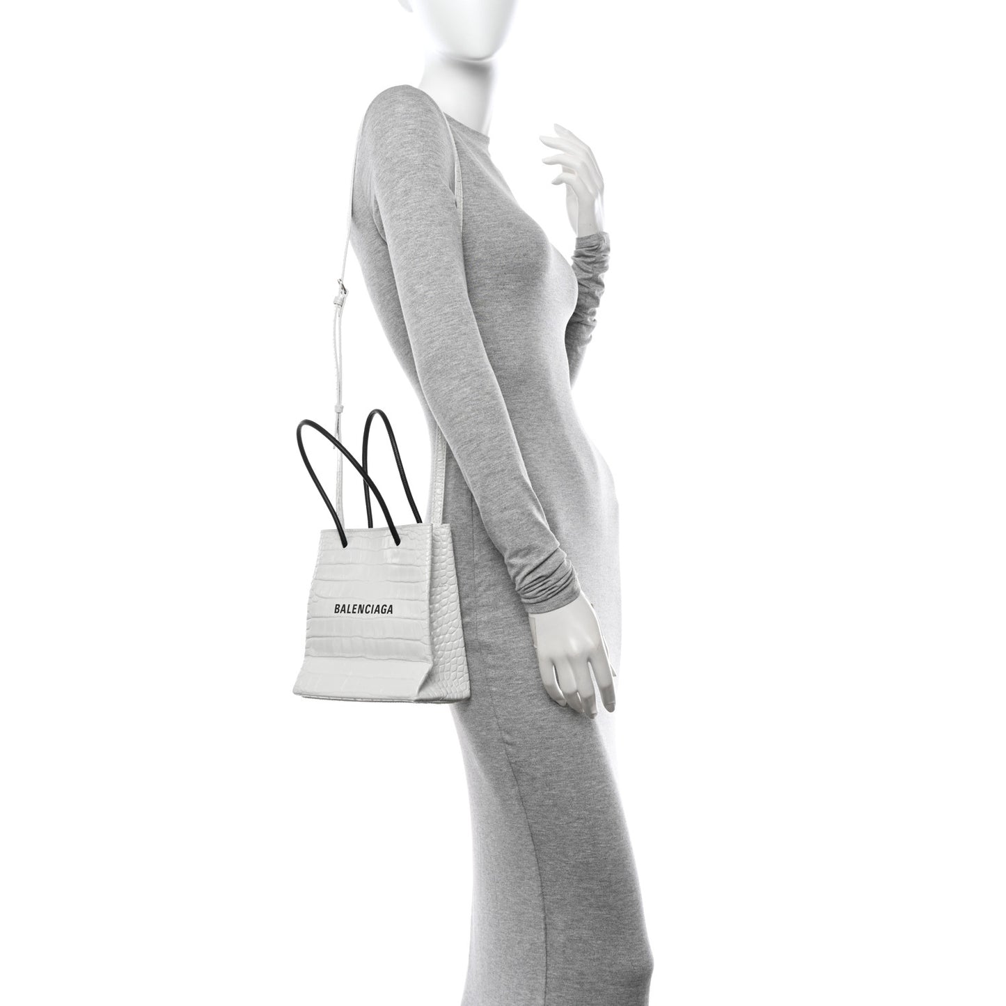 Shiny Calfskin Logo Crocodile Embossed North South Shopper Tote XXS White