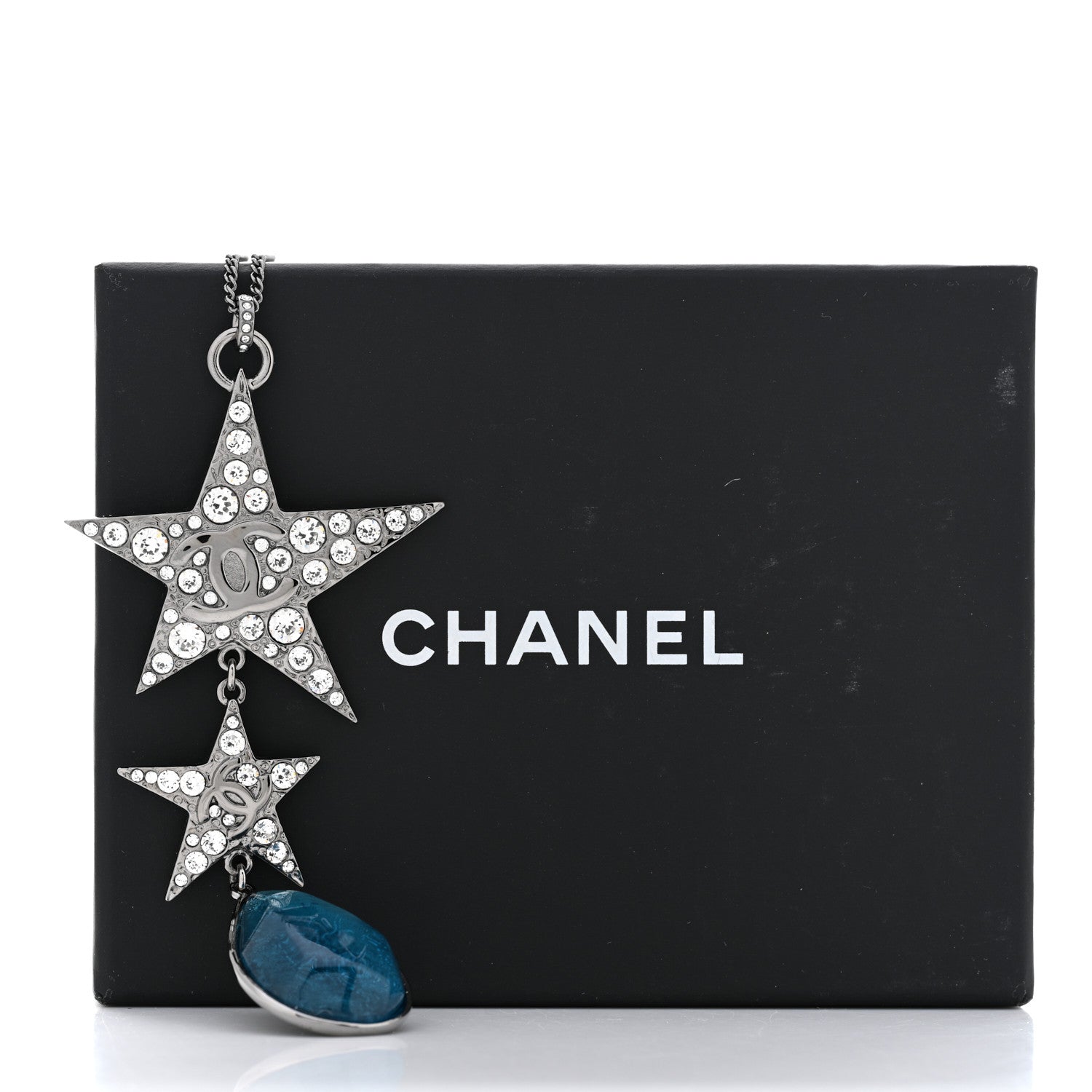 Chanel Crystal Resin CC Star Drop Necklace Silver Blue 6 of 6