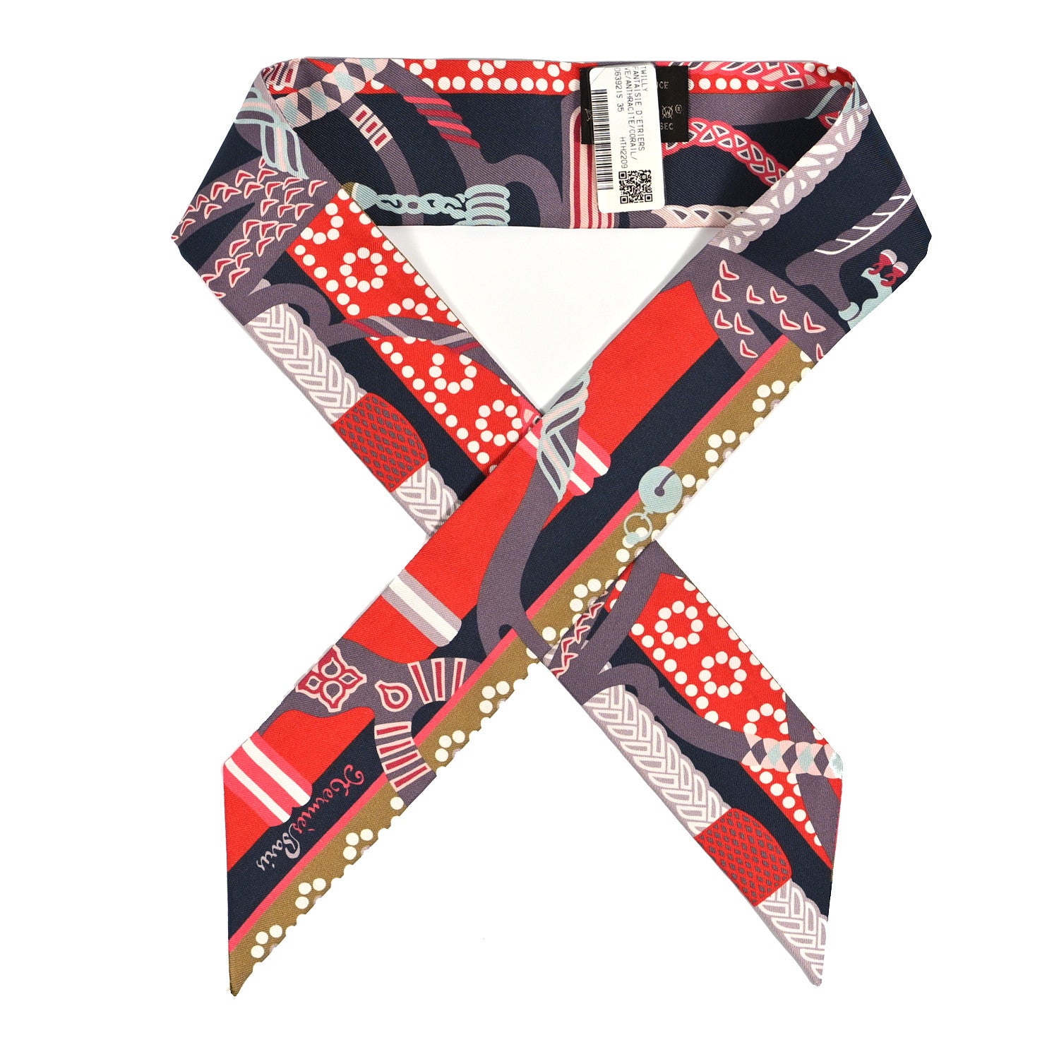 Hermes Silk Fantaisie D'Etriers Twilly Anthracite Corail 1 of 4