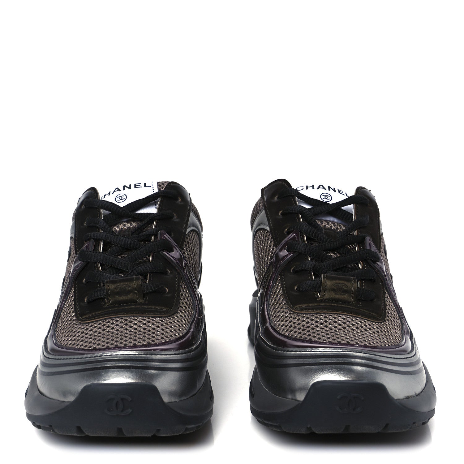 Chanel Fabric Laminated Calfskin Stretch CC Womens Sneakers 37 Khaki Silver Dark Purple 3 of 10