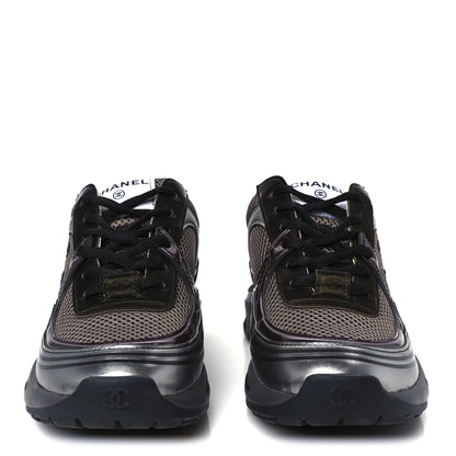 Chanel Fabric Laminated Calfskin Stretch CC Womens Sneakers 37 Khaki Silver Dark Purple 3 of 10