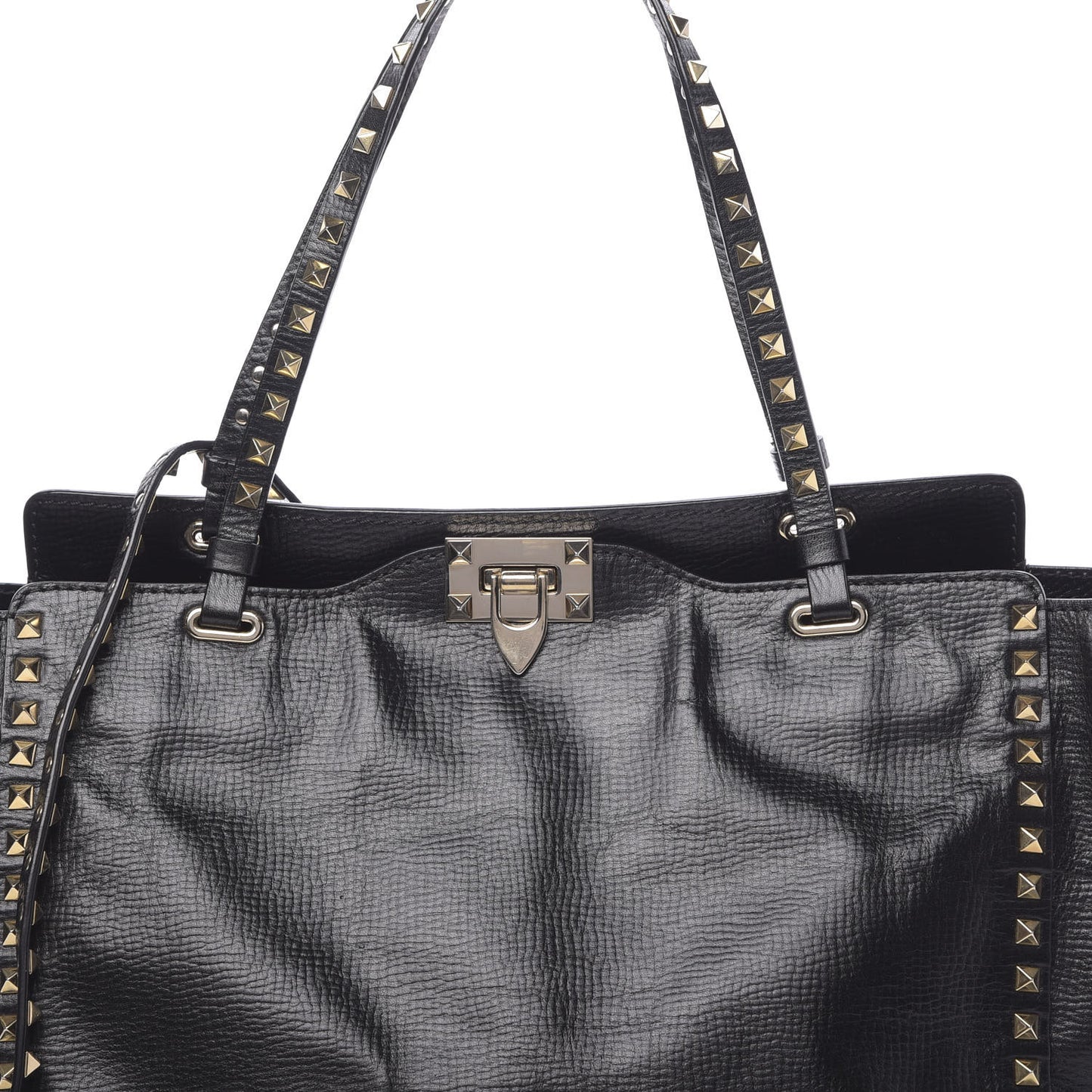 Textured Calfskin Medium Rockstud Tote Black