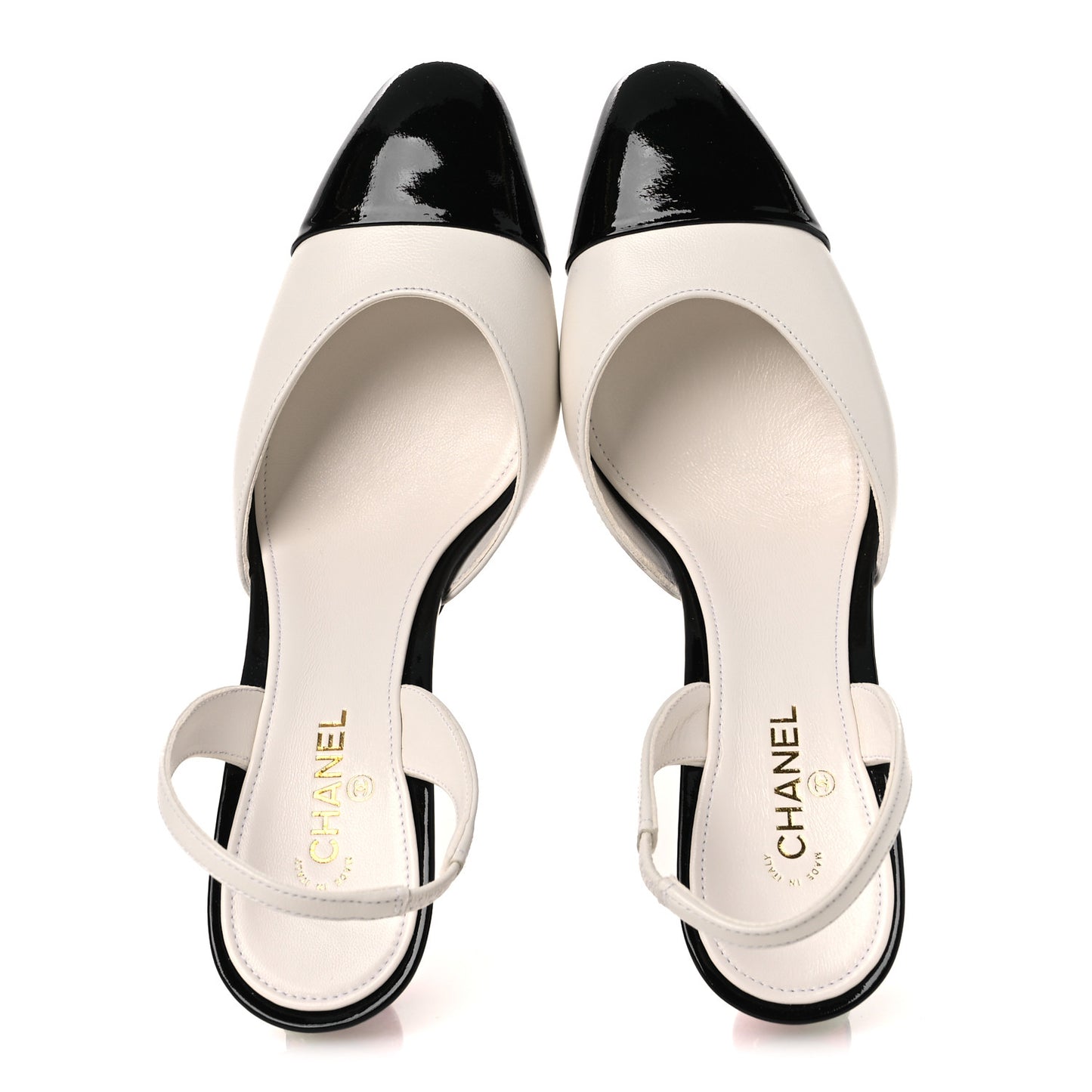 Lambskin Patent Cap Toe CC Apple Slingback Pumps 38 Gold Black