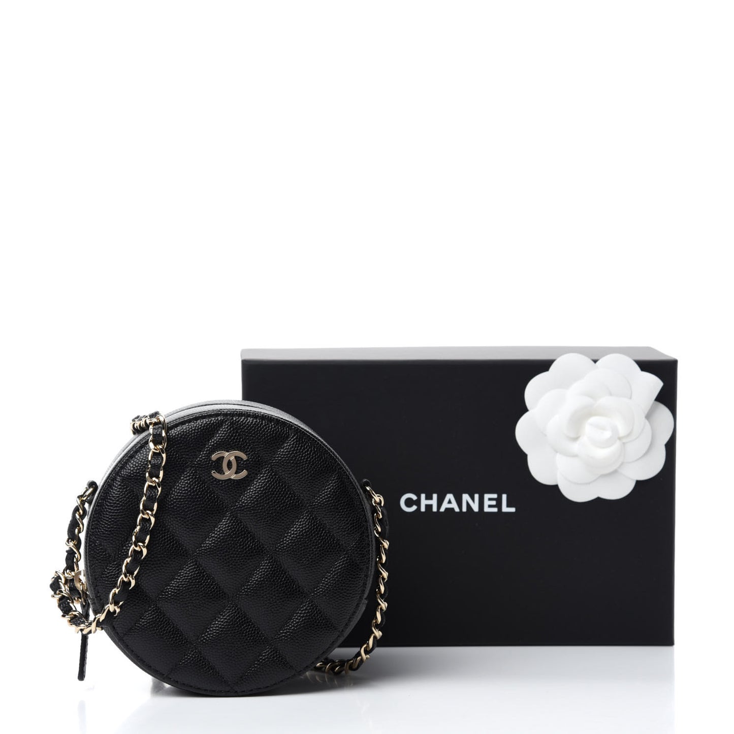 Caviar Quilted Round Clutch With Chain Black