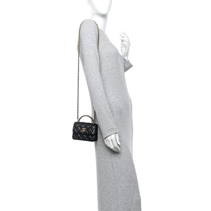 Chanel Lambskin Quilted Chain Top Handle Clutch With Chain Black 2 of 14