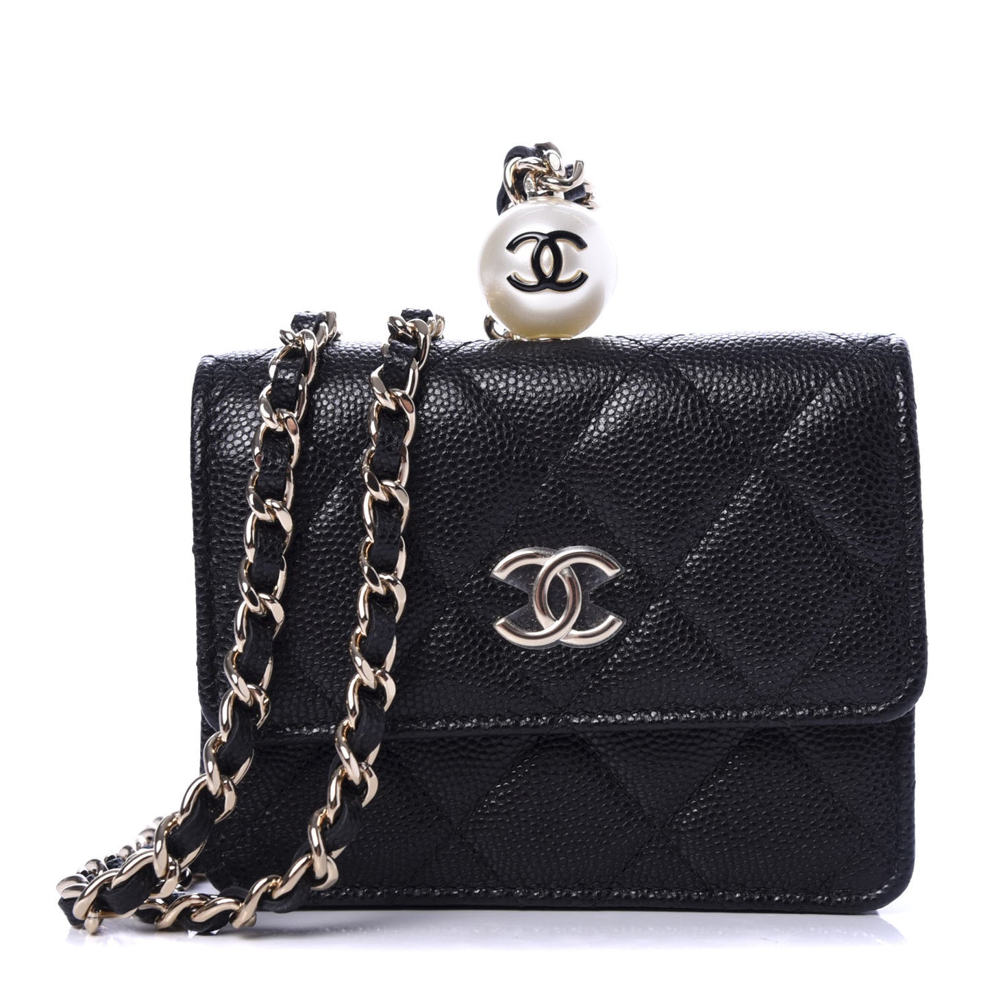 Caviar Quilted Mini Pearl On Top Coin Purse With Chain Black