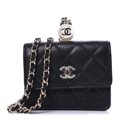 Chanel Caviar Quilted Mini Pearl On Top Coin Purse With Chain Black 1 of 9