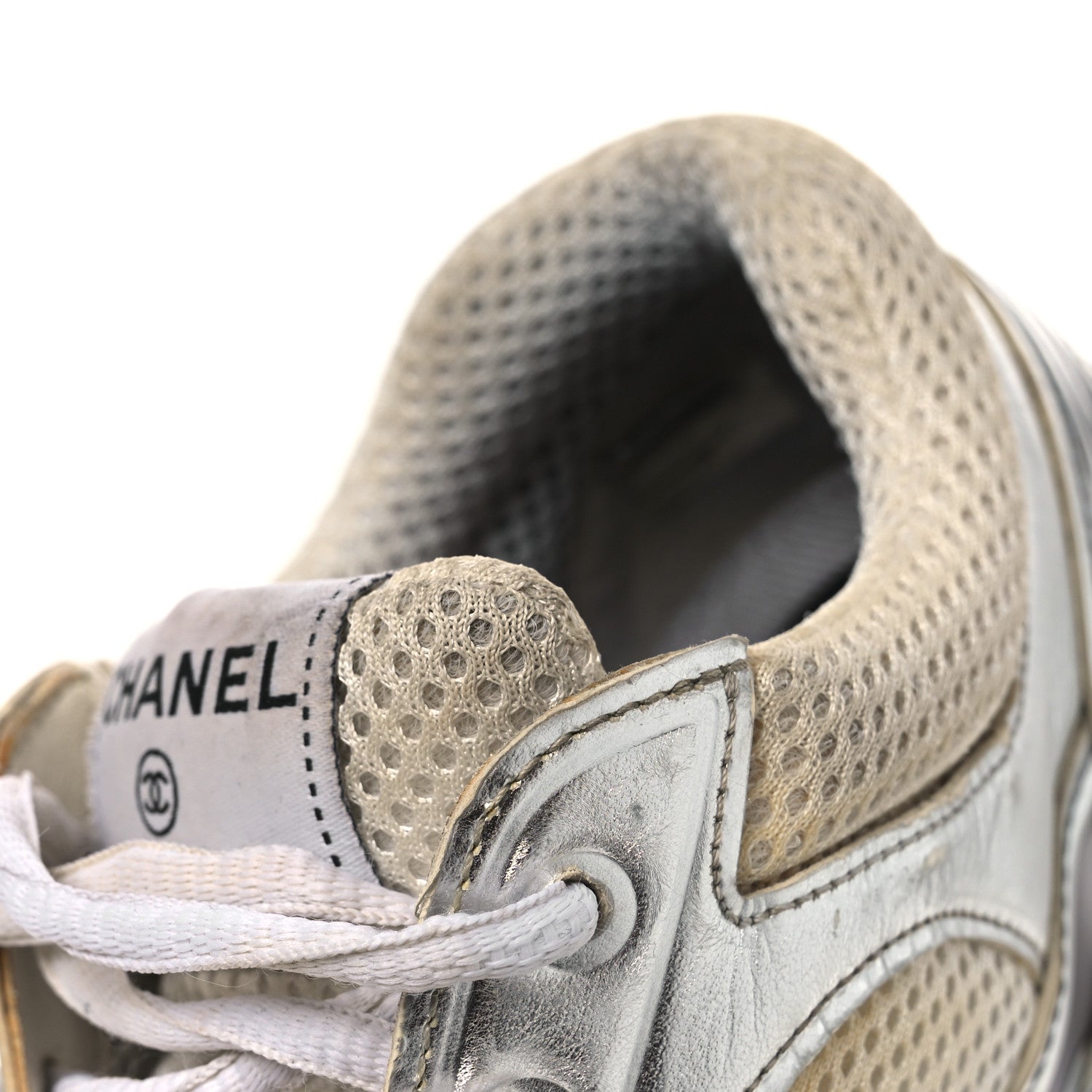 Chanel Fabric Laminated Calfskin Stretch CC Womens Sneakers 38.5 White Gold Silver 12 of 15