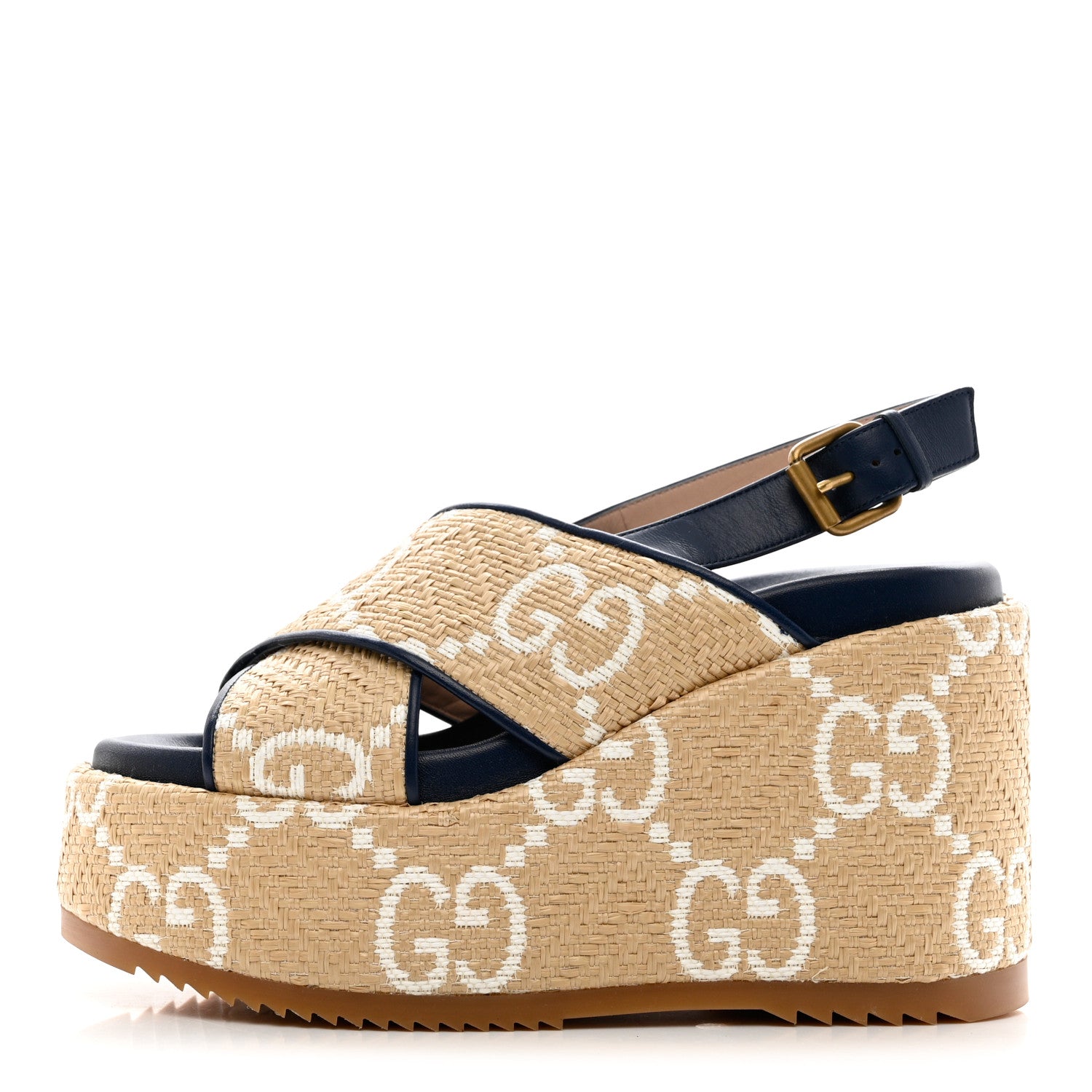 Gucci Raffia Nappa GG Monogram Angelina Platform Slingback Sandals 39.5 Natural Great White Blue Agata 1 of 11