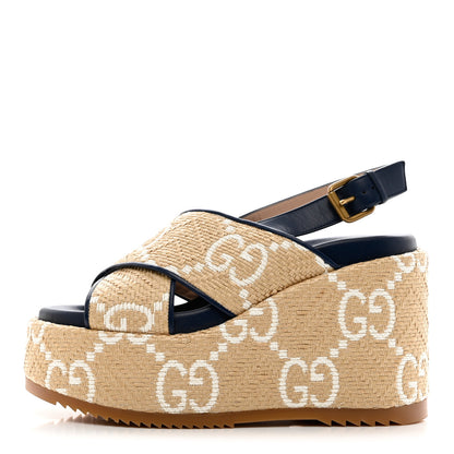 Gucci Raffia Nappa GG Monogram Angelina Platform Slingback Sandals 39.5 Natural Great White Blue Agata 1 of 11