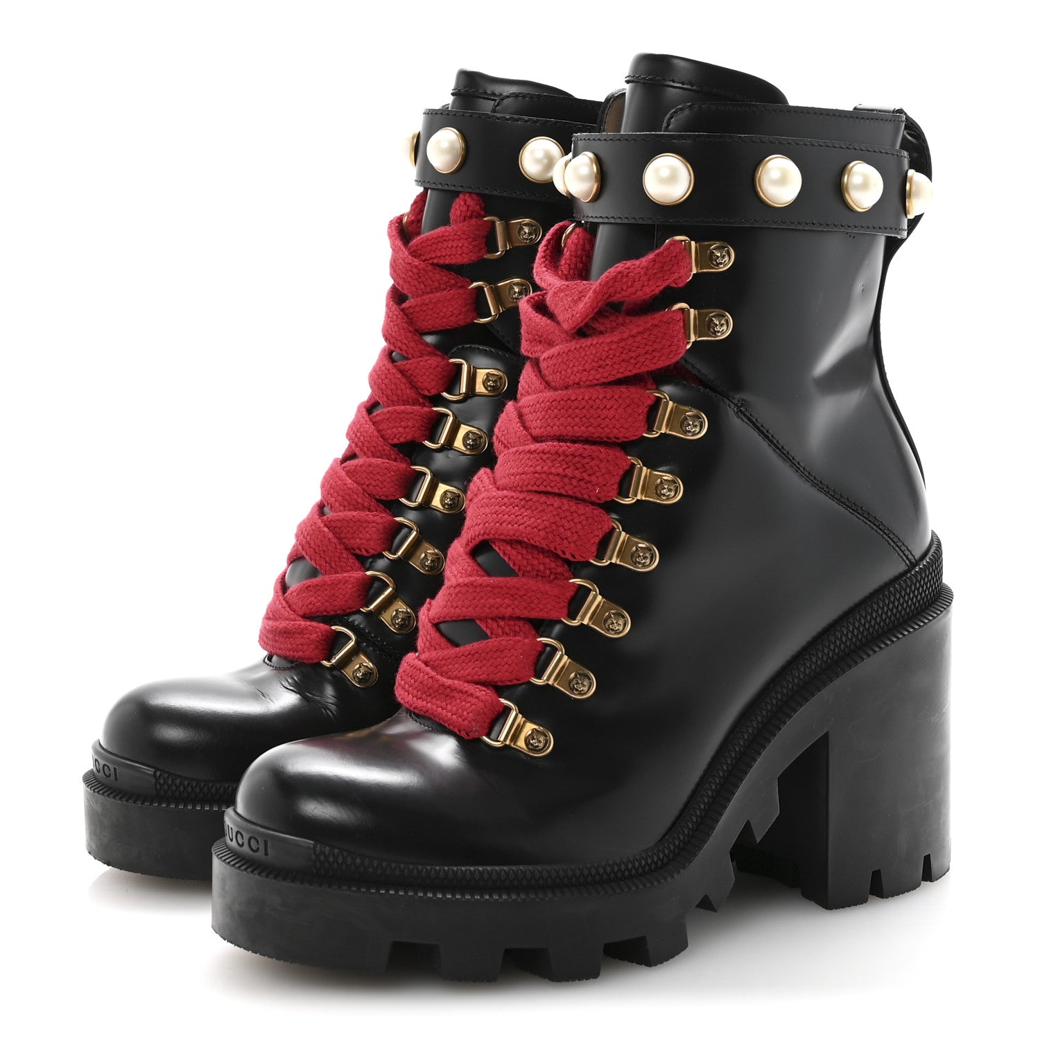 Gucci Magnum Calfskin Pearl Lace Up Combat Ankle Boots 36.5 Black 4 of 10