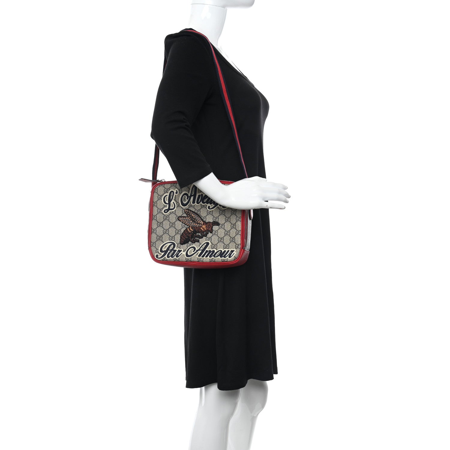 Gucci GG Supreme Monogram Blind For Love Embroidered Crossbody Bag Beige Hibiscus Red 2 of 11
