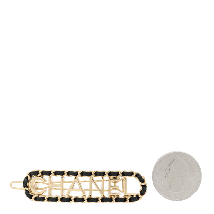 Chanel Metal Lambskin Vintage Allure Logo Hair Clip Black Gold 2 of 5