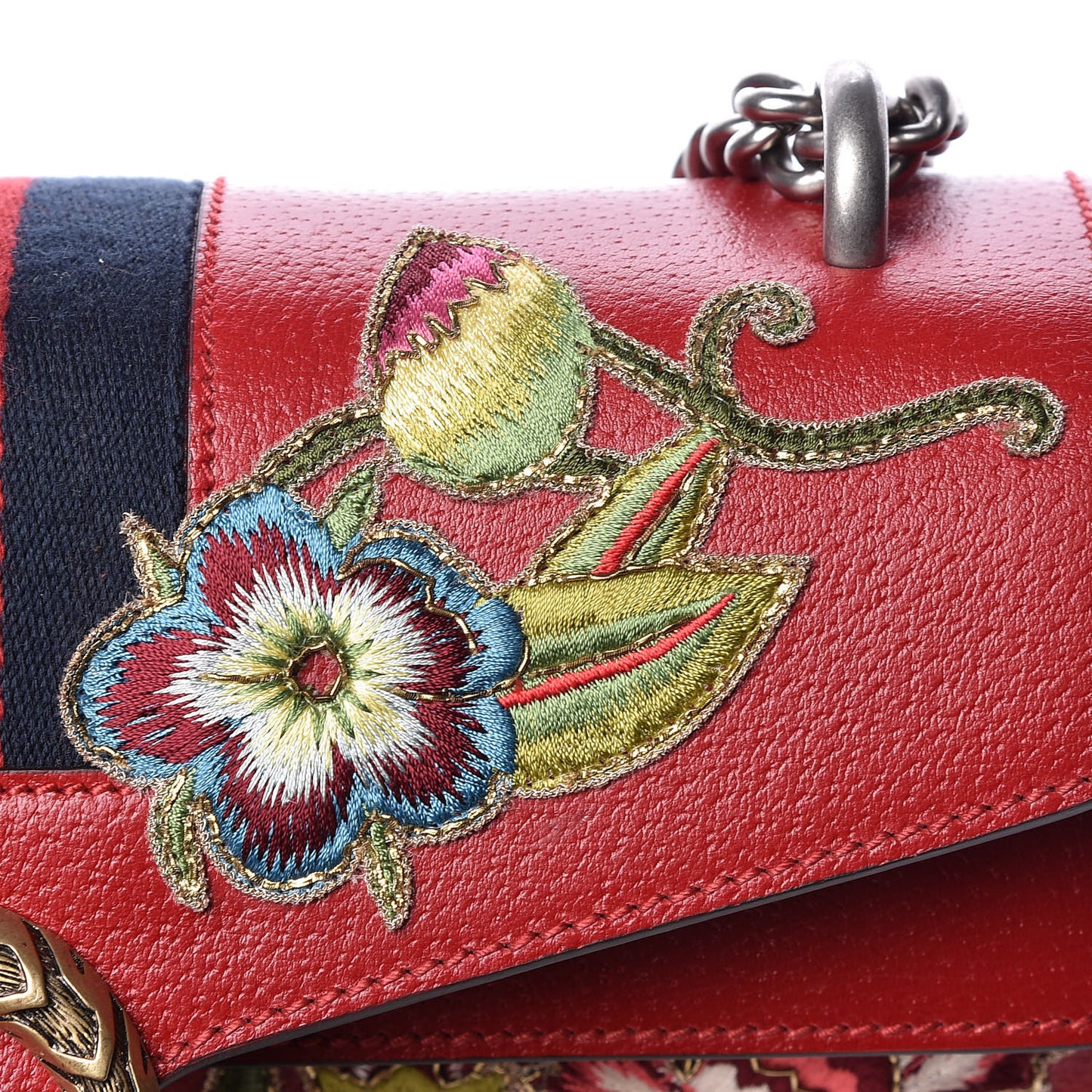 Calfskin Web Floral Embroidered Small Dionysus Shoulder Bag Hibiscus Red