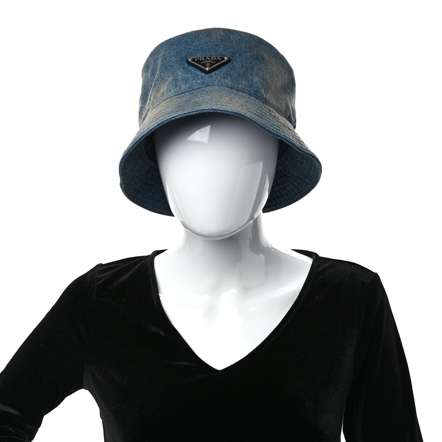 Prada Used Denim Metal Triangle Logo Mens Bucket Hat XXL Light Blue 2 of 8