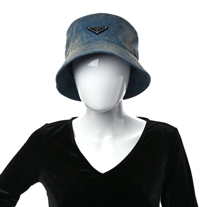 Prada Used Denim Metal Triangle Logo Mens Bucket Hat XXL Light Blue 2 of 8