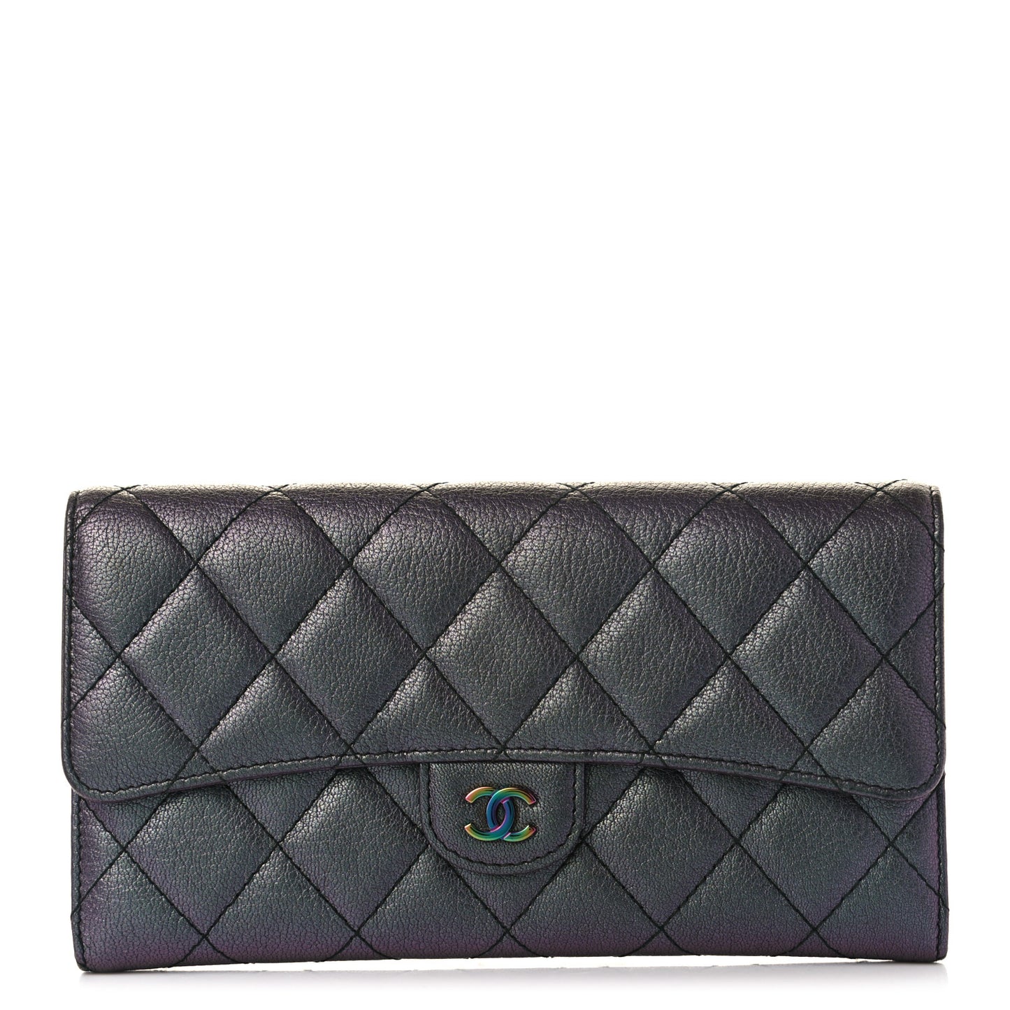 Iridescent Goatskin Quilted Large Flap Wallet Purple
