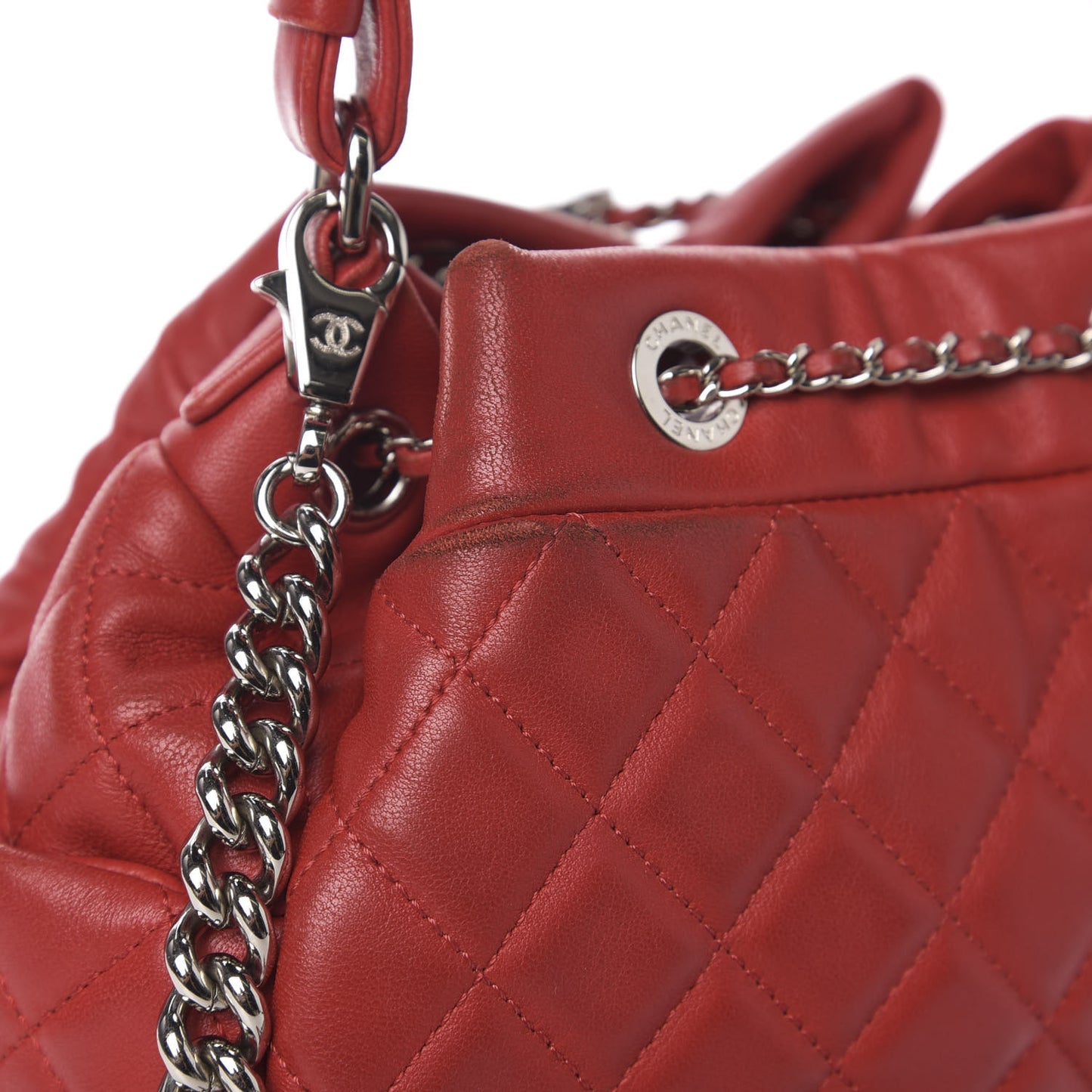 Lambskin Quilted Small CC Chain Drawstring Bucket Bag Red
