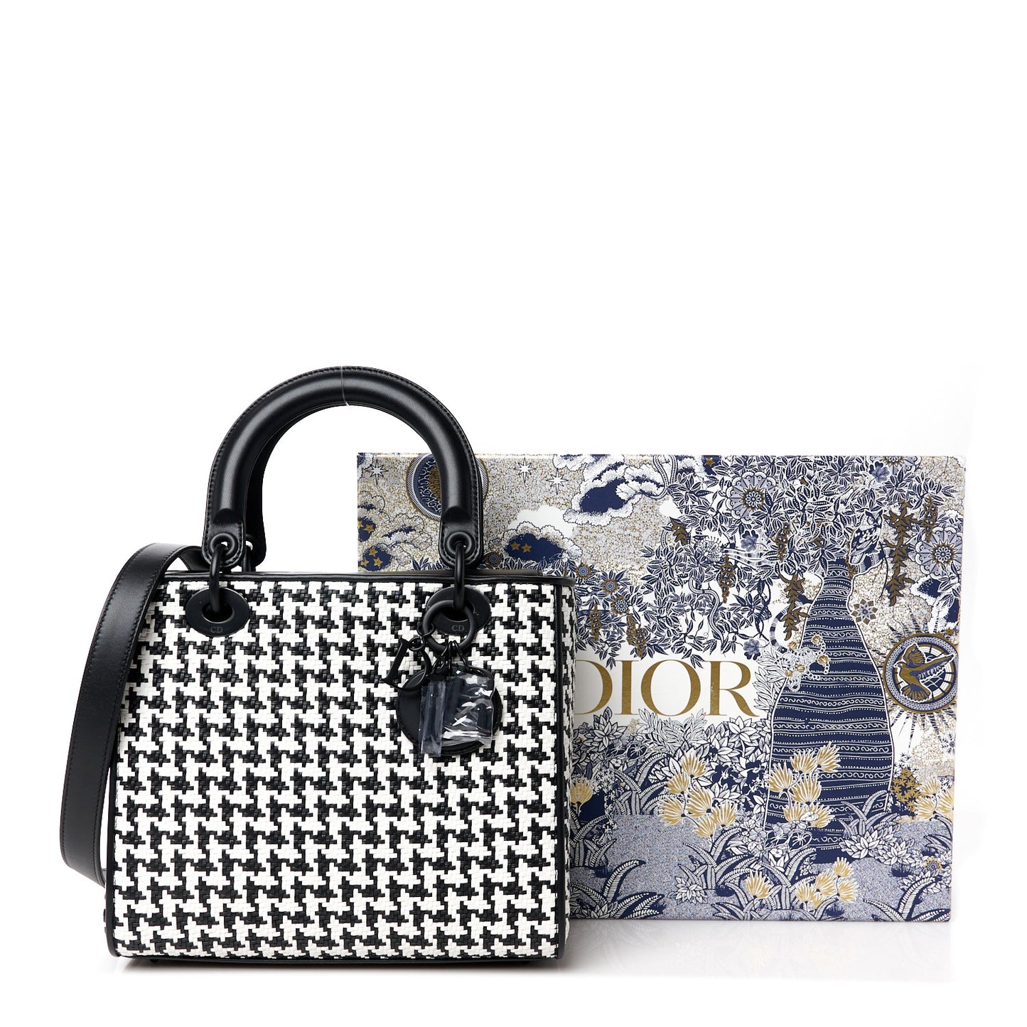 Calfskin Houndstooth Embroidered Medium Lady Dior Black White