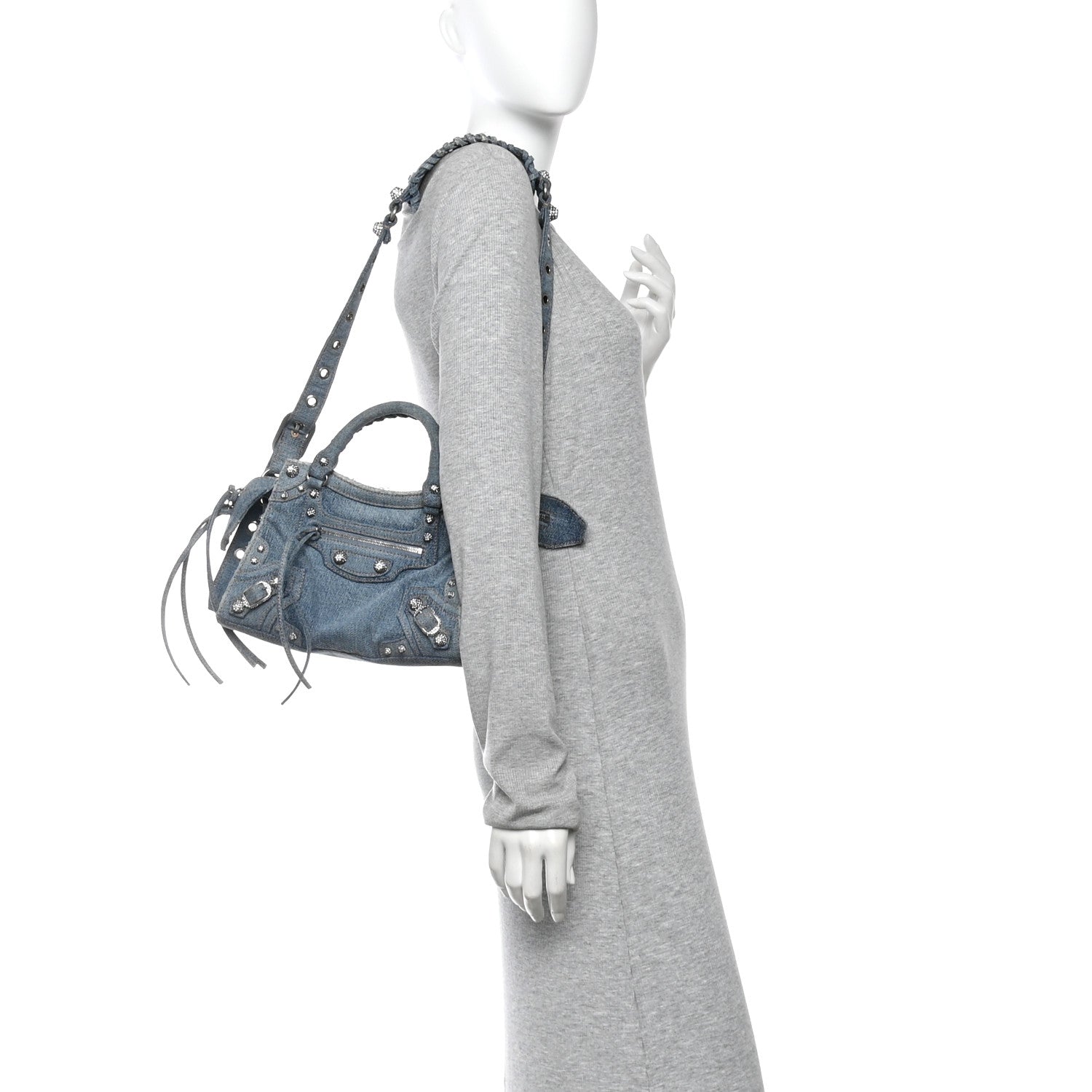 Balenciaga Washed Frayed Denim Crystal Neo Cagole Handbag XS Blue