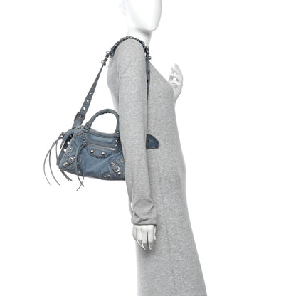 Balenciaga Washed Frayed Denim Crystal Neo Cagole Handbag XS Blue 2 of 11