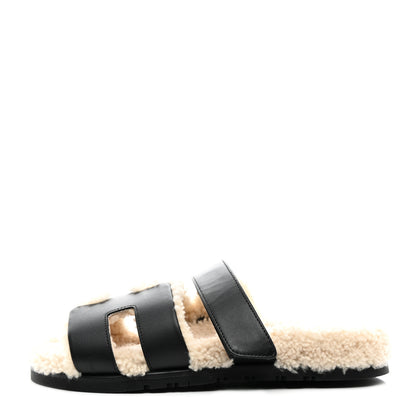 Hermes Calfskin Woolskin Chypre Sandals 39.5 Black Ecru 1 of 7