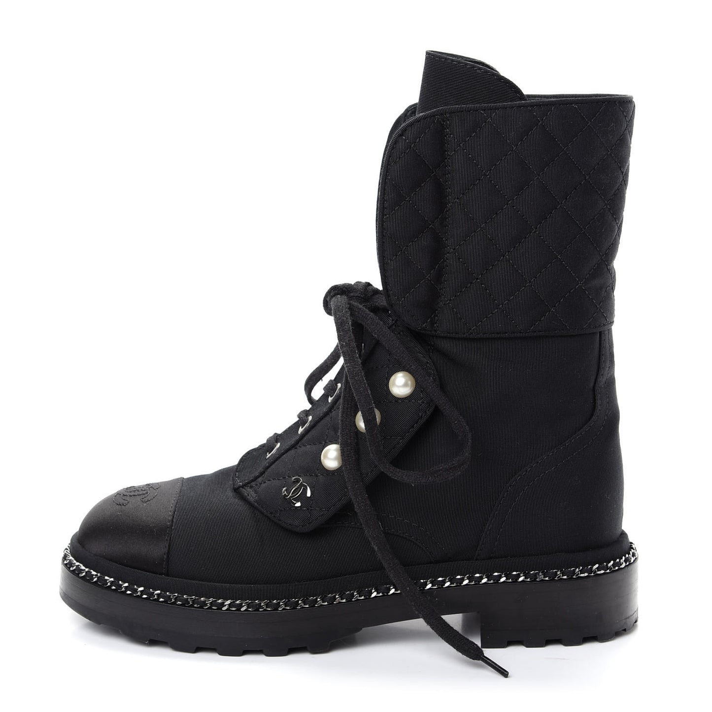 Grosgrain Pearl Chain CC Combat Short Boots 36 Black