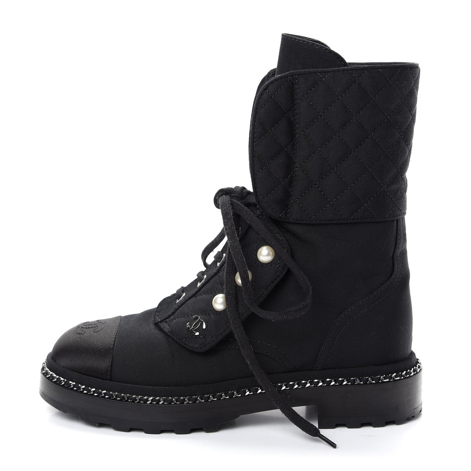 Chanel Grosgrain Pearl Chain CC Combat Short Boots 36 Black 1 of 10