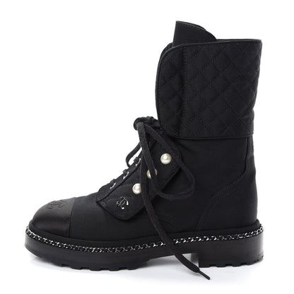 Chanel Grosgrain Pearl Chain CC Combat Short Boots 36 Black 1 of 10