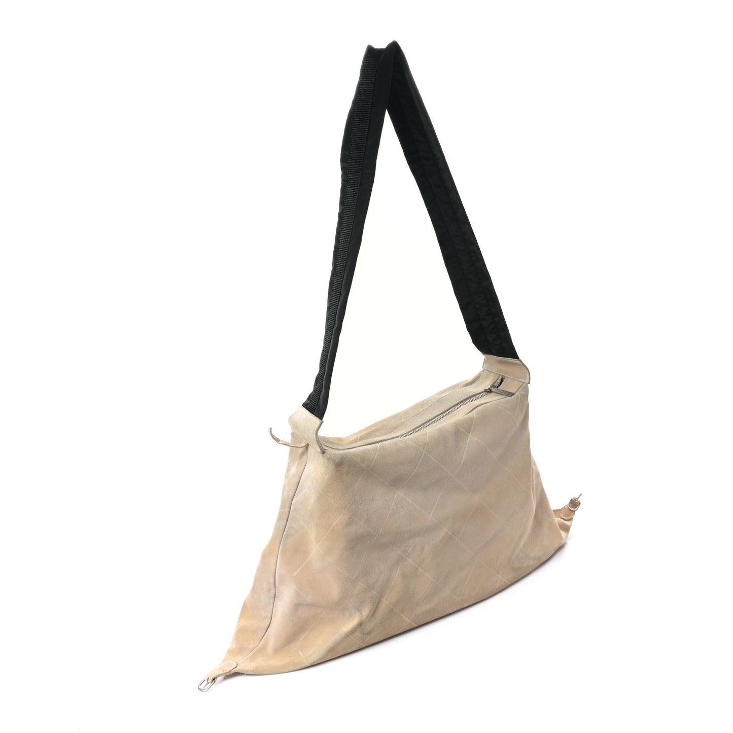 Suede Nylon Stitched Hobo Messenger Bag Beige Brown
