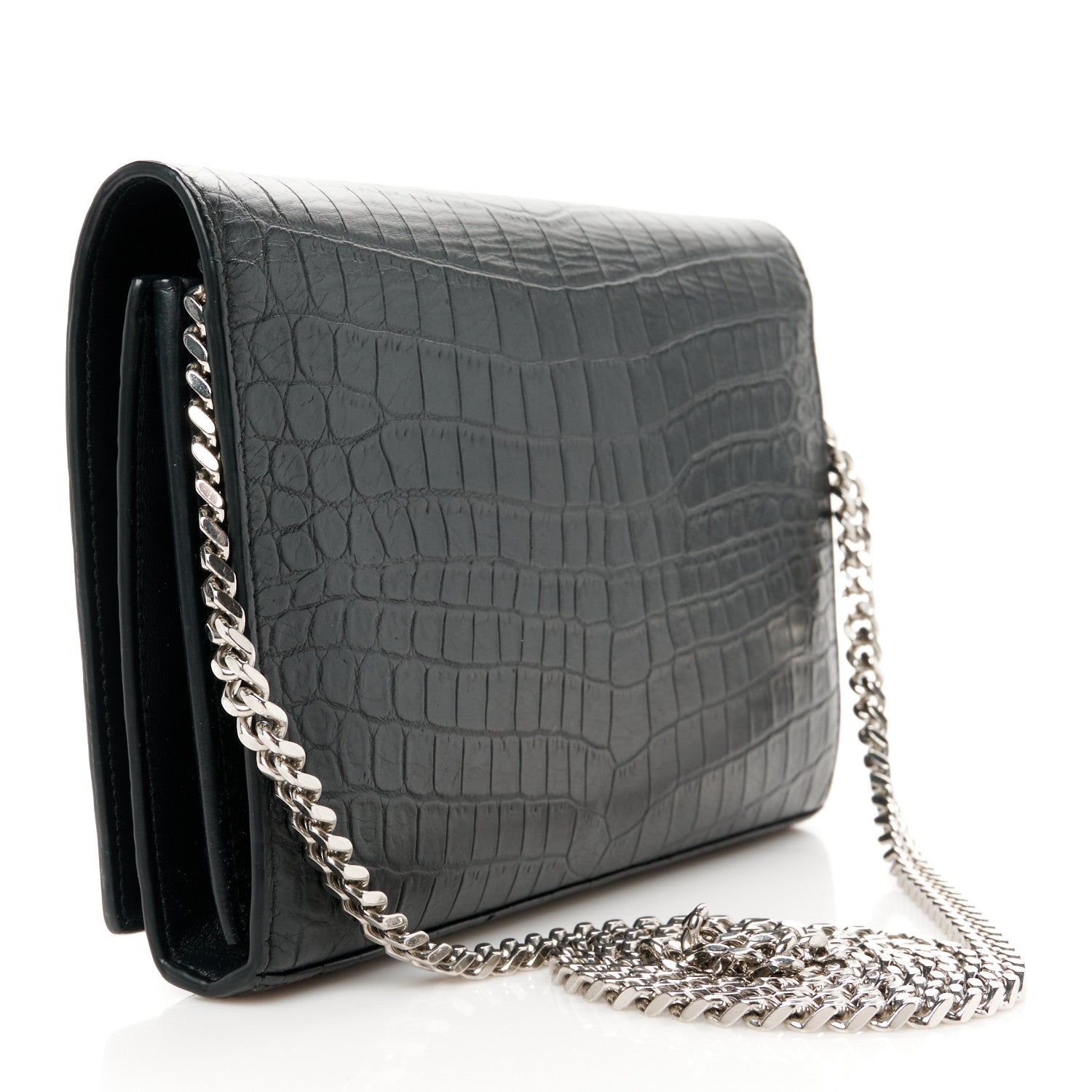 Saint Laurent Crocodile Embossed Calfskin Monogram Chain Wallet Black 3 of 9