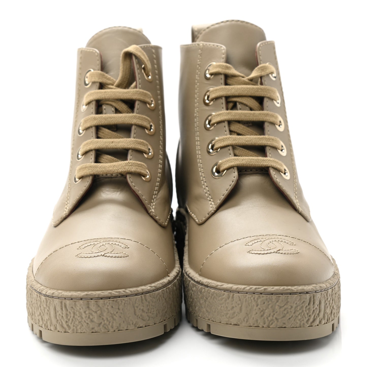 Calfskin CC Turnlock Lace Up Boots 38.5 Beige