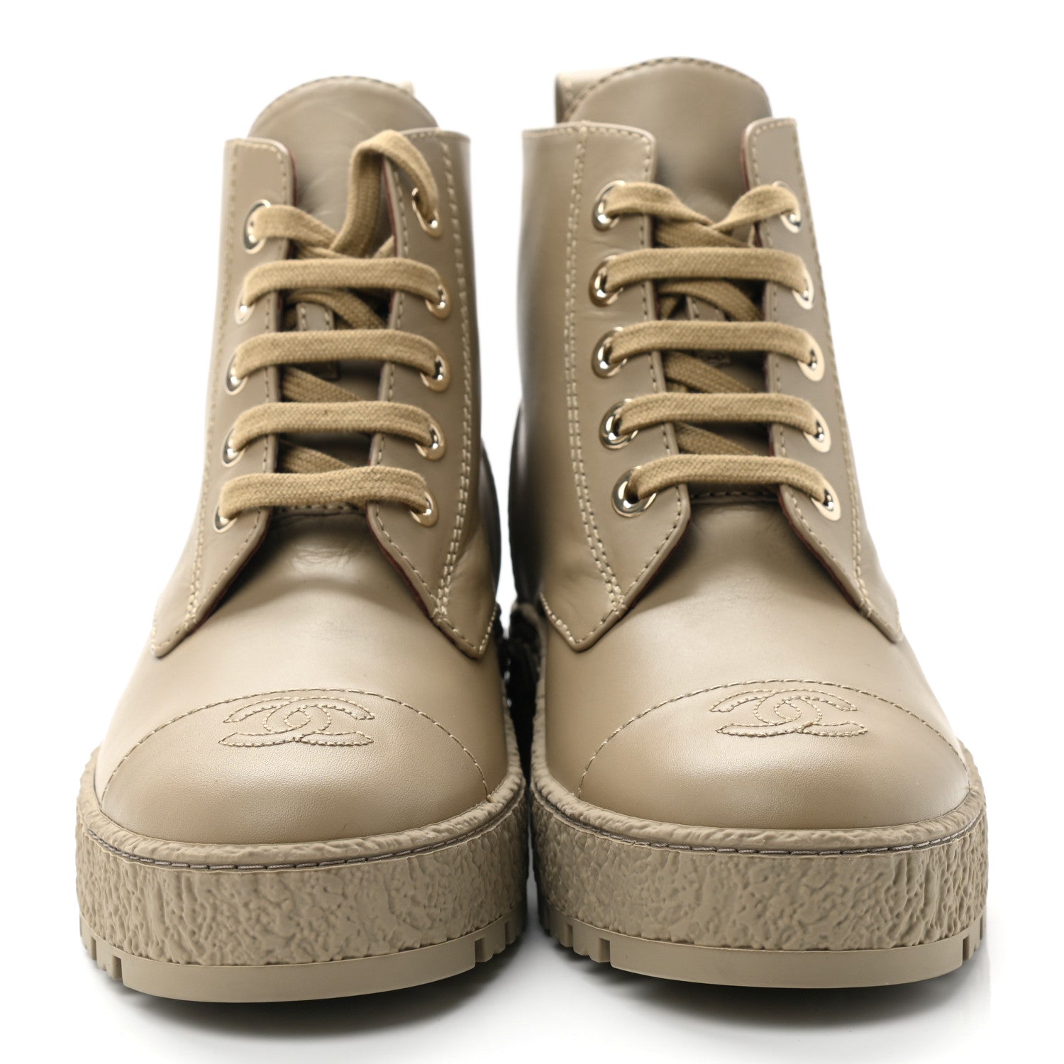 Chanel Calfskin CC Turnlock Lace Up Boots 38.5 Beige 2 of 8